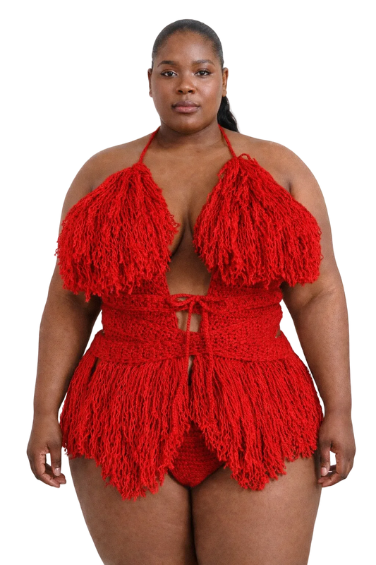 Model wearing the Cherry Red Hebe crochet one piece, size 2XL, by TaniJay Crochet.