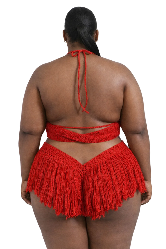Model wearing the Cherry Red Hebe crochet one piece, size 2XL, by TaniJay Crochet.