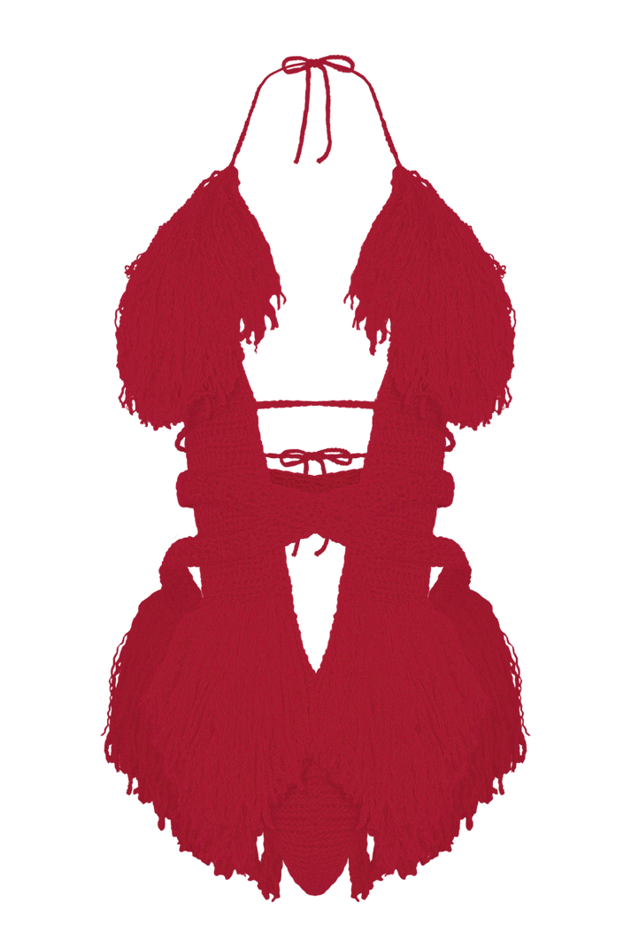 Product-only photo of the Cherry Red Hebe crochet one piece by TaniJay Crochet.