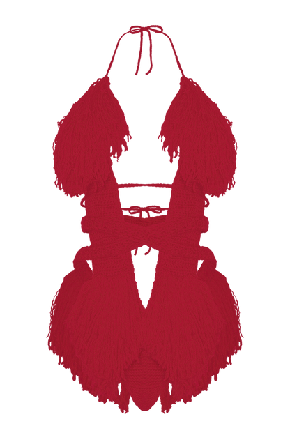 Product-only photo of the Cherry Red Hebe crochet one piece by TaniJay Crochet.