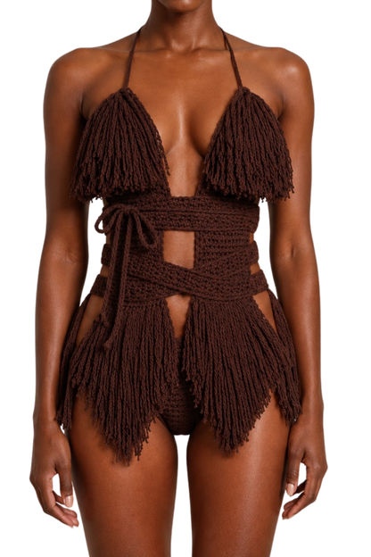 Color swatch photo of the Coffee Hebe crochet one piece by TaniJay Crochet.