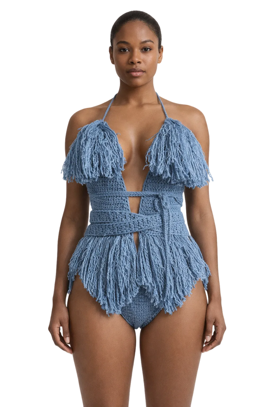 Model wearing the Country Blue Hebe crochet one piece, size S, by TaniJay Crochet.