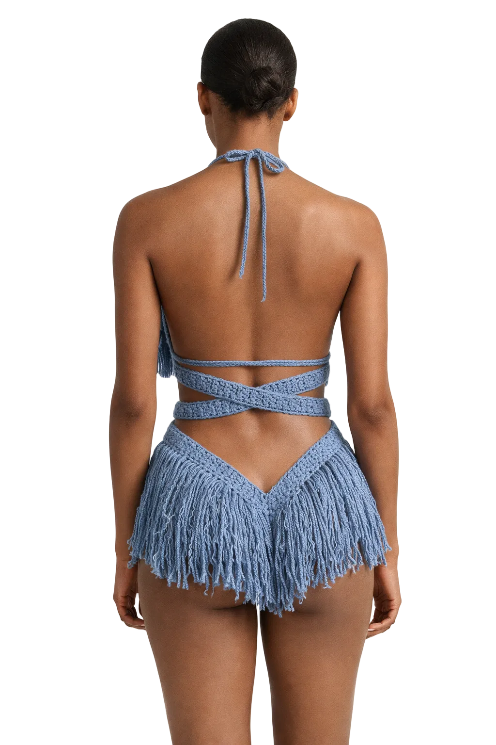 Model wearing the Country Blue Hebe crochet one piece, size S, by TaniJay Crochet.