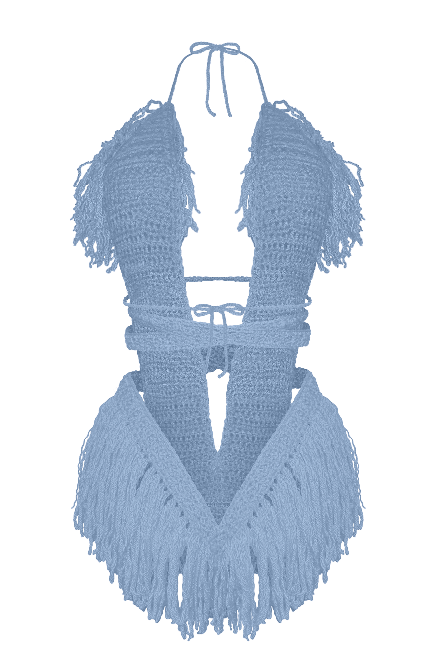Product-only photo of the Country Blue Hebe crochet one piece by TaniJay Crochet.