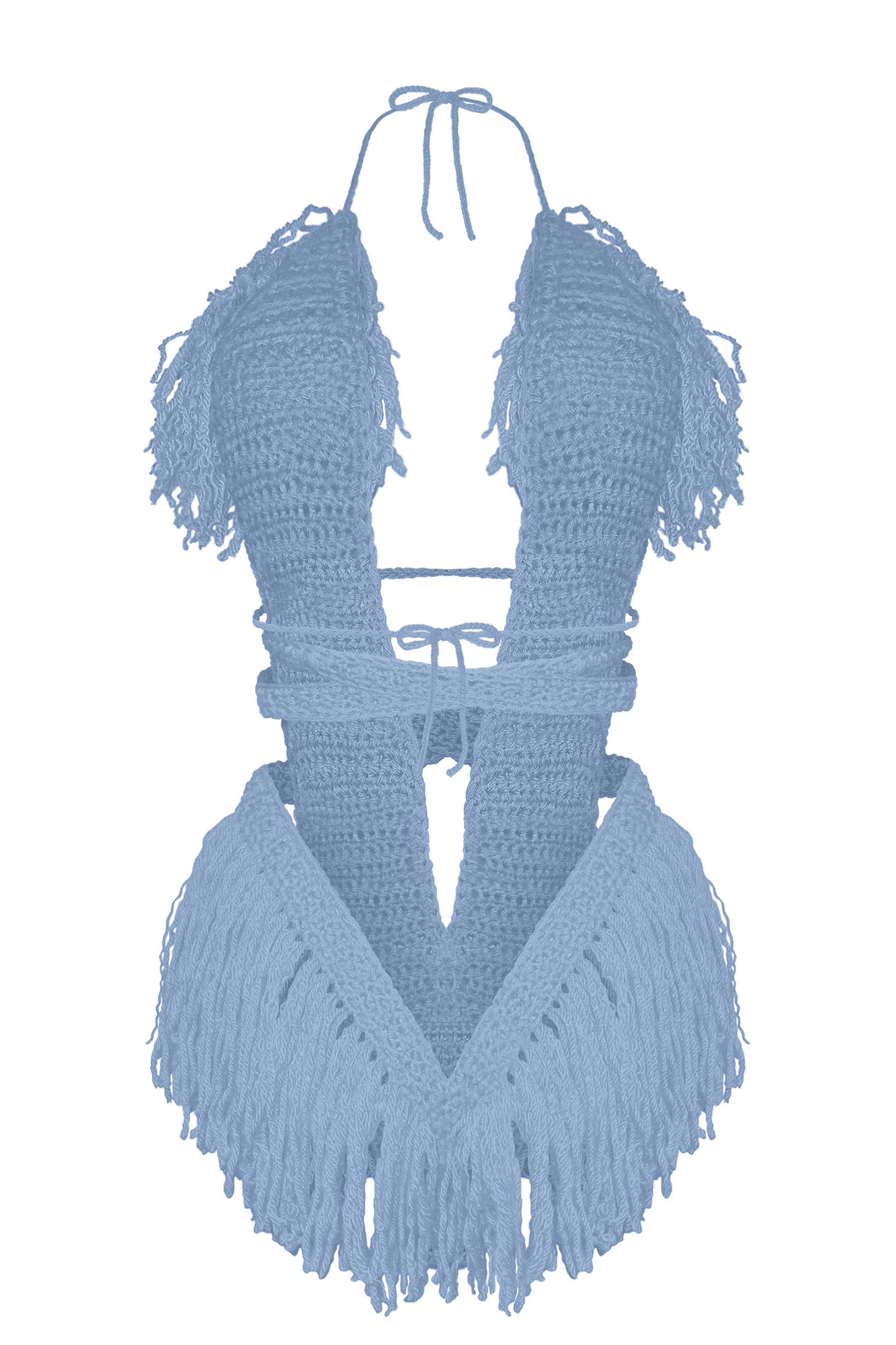 Product-only photo of the Country Blue Hebe crochet one piece by TaniJay Crochet.