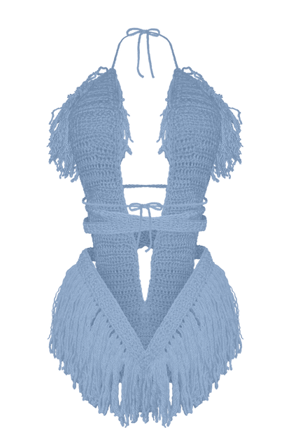 Product-only photo of the Country Blue Hebe crochet one piece by TaniJay Crochet.