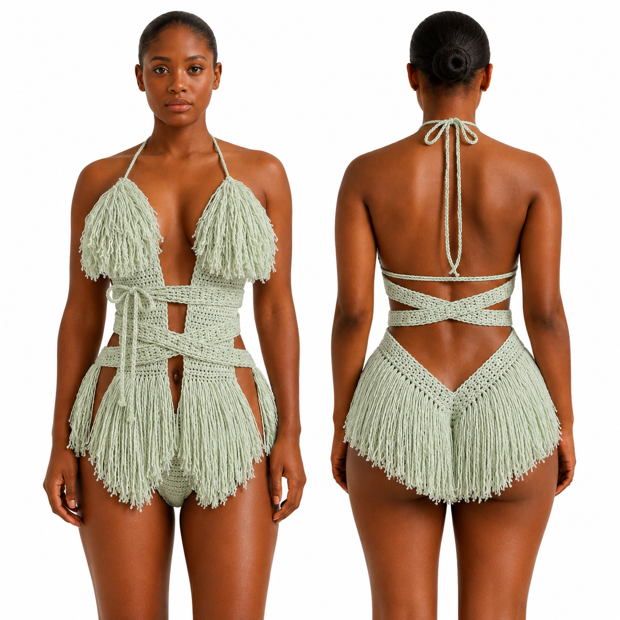 Color swatch photo of the Frosty Green Hebe crochet one piece by TaniJay Crochet.