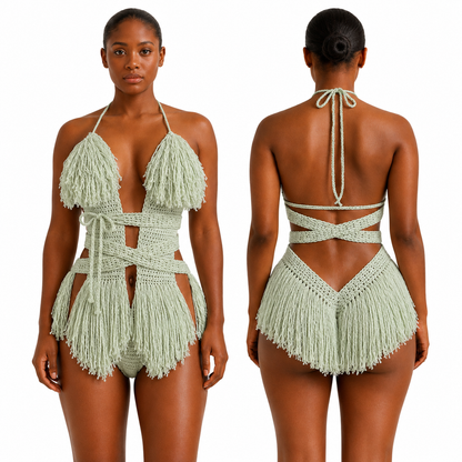 Color swatch photo of the Frosty Green Hebe crochet one piece by TaniJay Crochet.