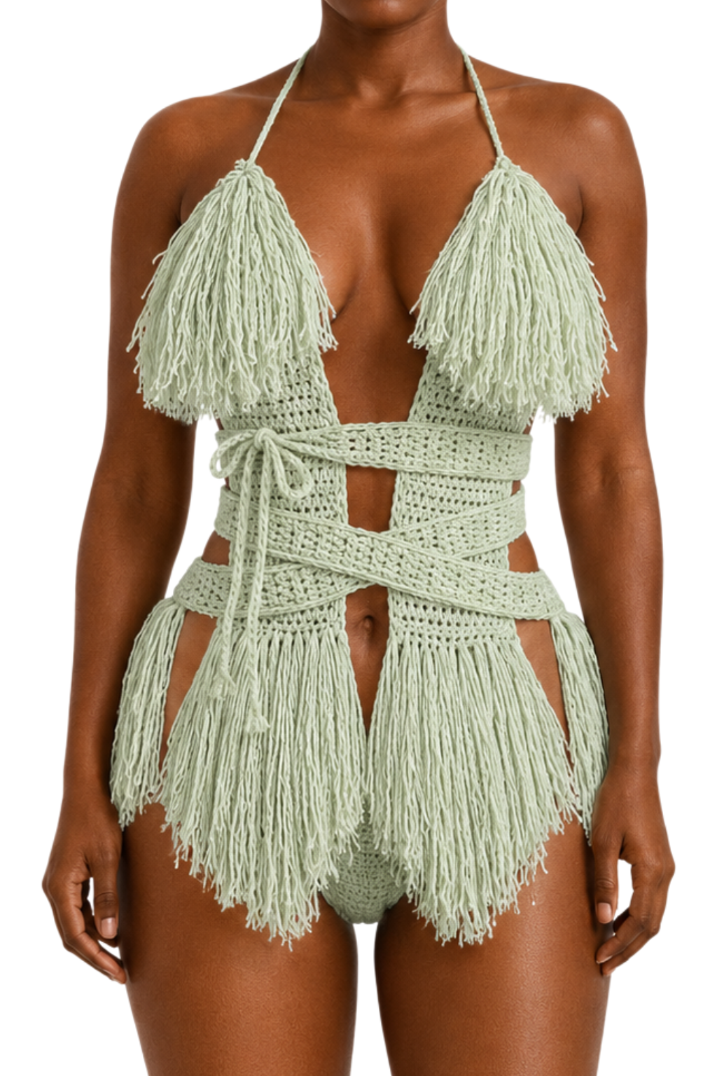 Color swatch photo of the Frosty Green Hebe crochet one piece by TaniJay Crochet.