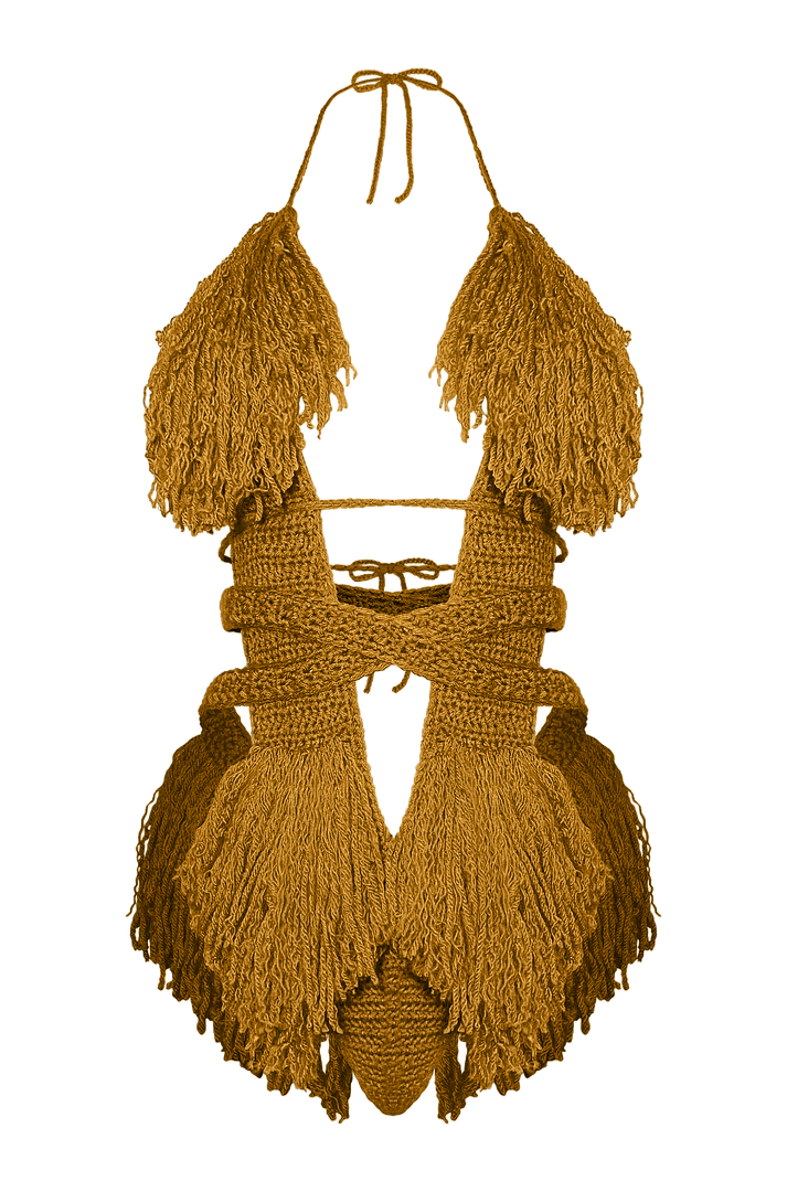 Product-only photo of the Gold Hebe crochet one piece by TaniJay Crochet.