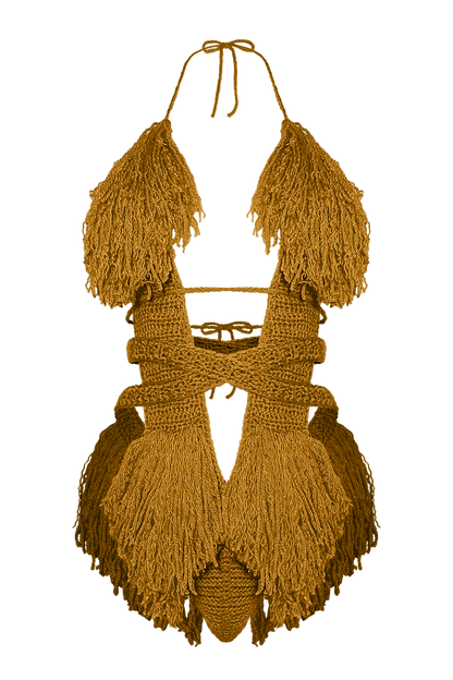 Product-only photo of the Gold Hebe crochet one piece by TaniJay Crochet.