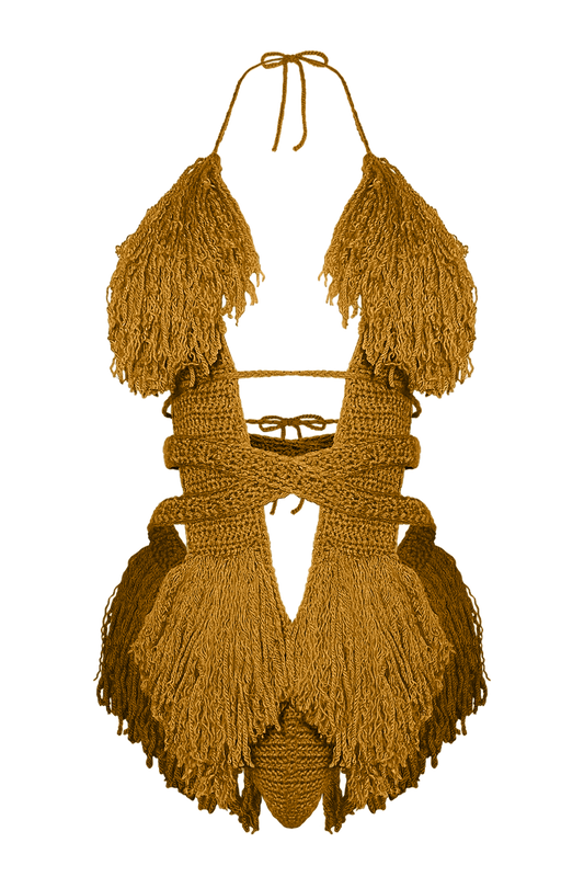 Product-only photo of the Gold Hebe crochet one piece by TaniJay Crochet.