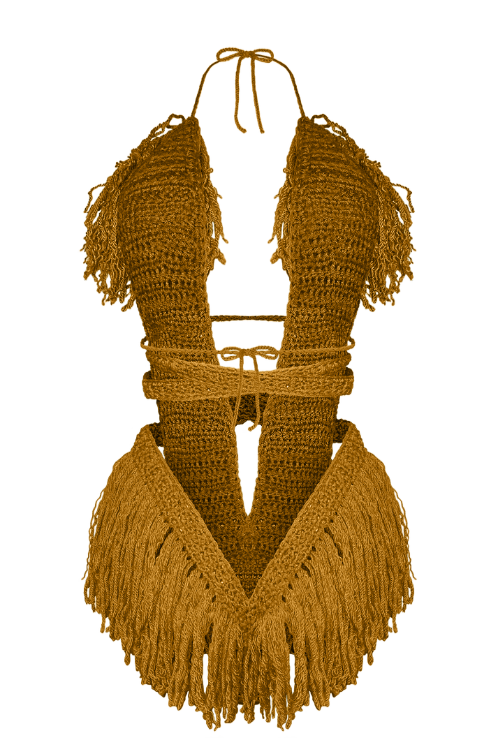 Product-only photo of the Gold Hebe crochet one piece by TaniJay Crochet.