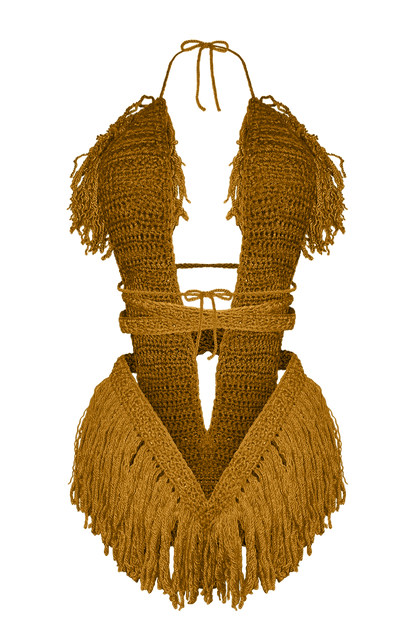 Product-only photo of the Gold Hebe crochet one piece by TaniJay Crochet.