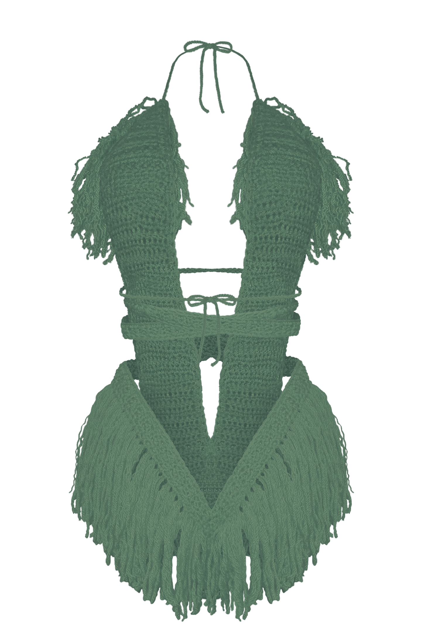 Model wearing the Light Sage Hebe crochet one piece, size M, by TaniJay Crochet.