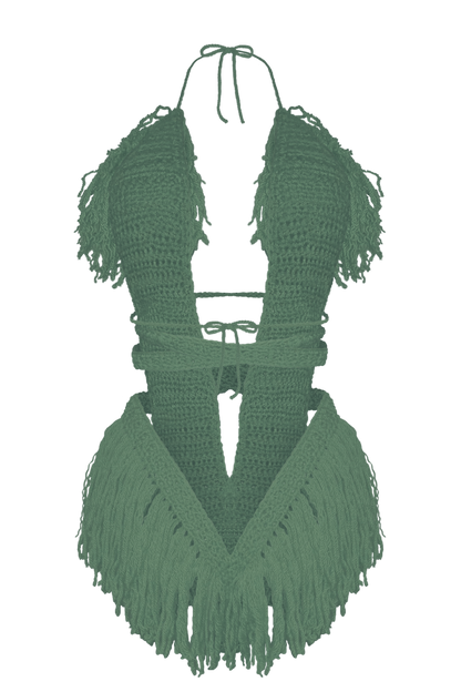 Model wearing the Light Sage Hebe crochet one piece, size M, by TaniJay Crochet.