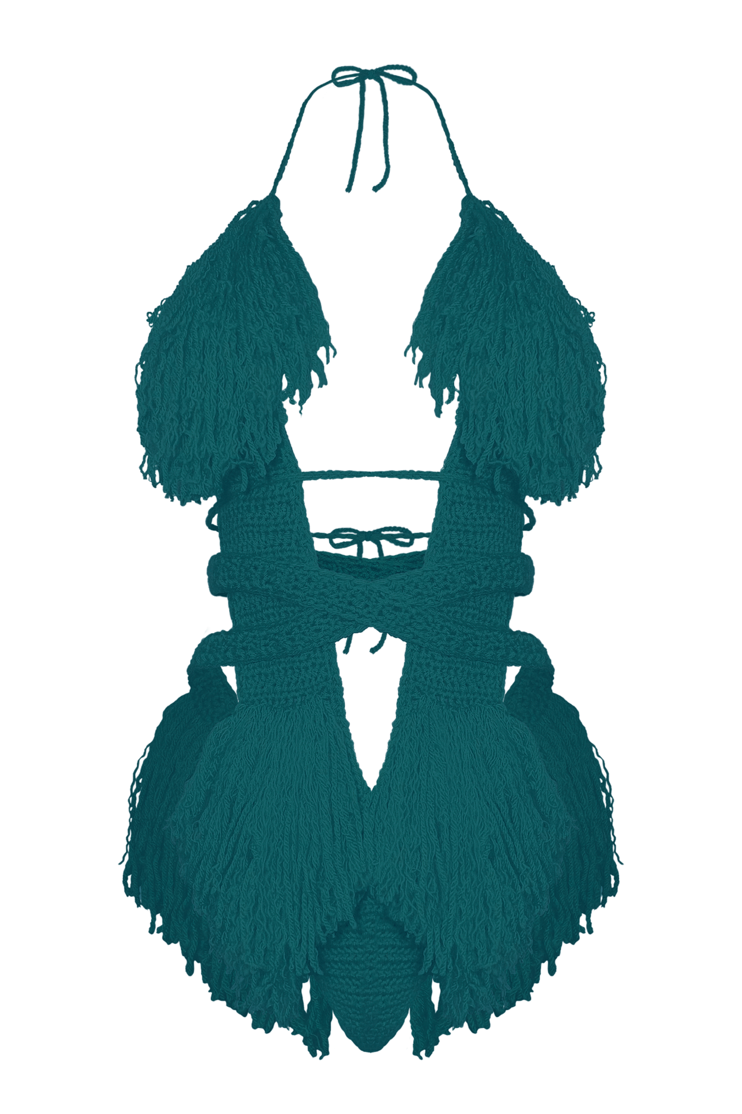 Model wearing the Real Teal Hebe crochet one piece, size S, by TaniJay Crochet.