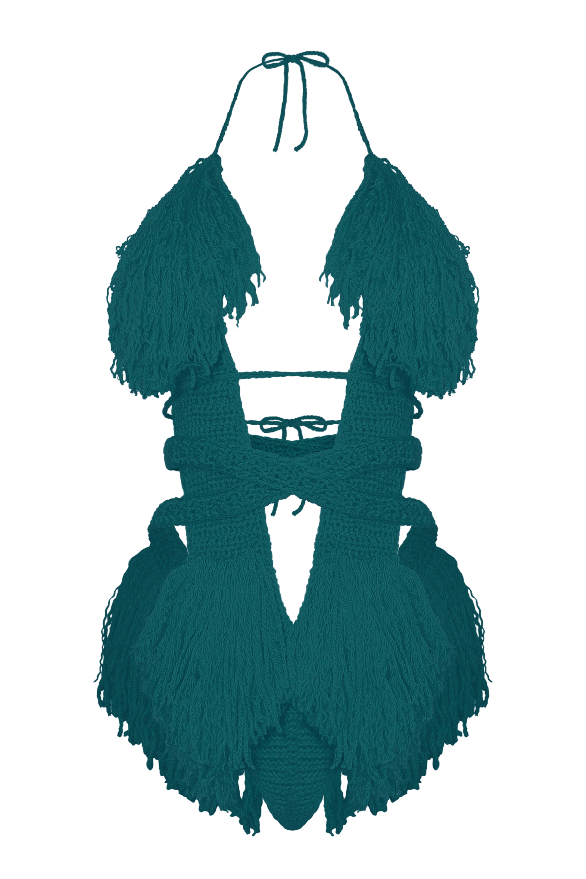 Model wearing the Real Teal Hebe crochet one piece, size S, by TaniJay Crochet.