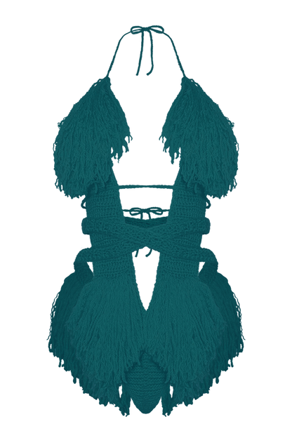 Model wearing the Real Teal Hebe crochet one piece, size S, by TaniJay Crochet.