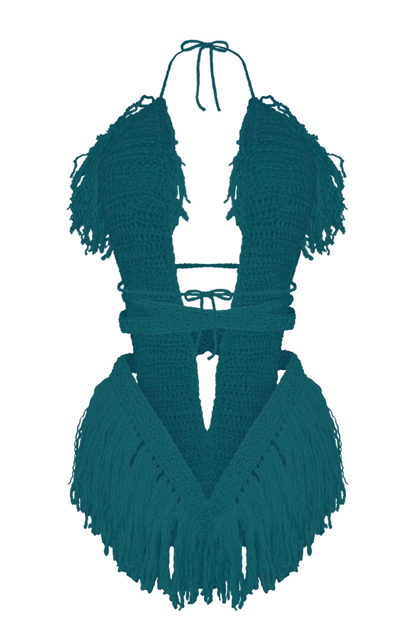 Product-only photo of the Real Teal Hebe crochet one piece by TaniJay Crochet.
