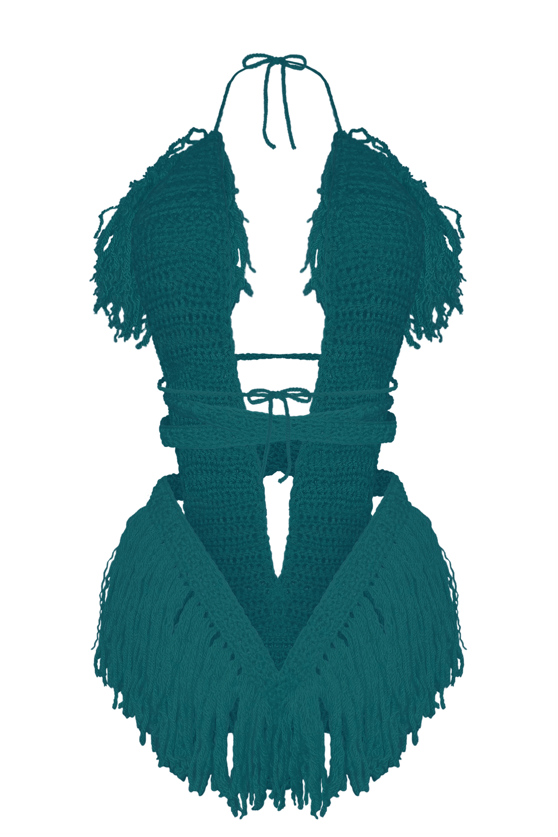 Product-only photo of the Real Teal Hebe crochet one piece by TaniJay Crochet.