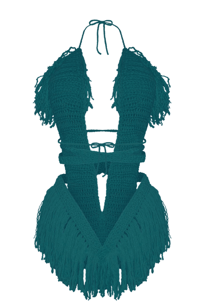 Product-only photo of the Real Teal Hebe crochet one piece by TaniJay Crochet.