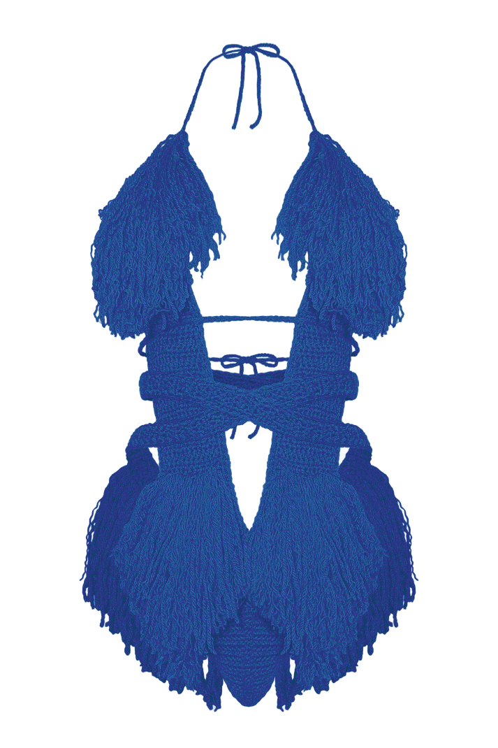 Product-only photo of the Royal Blue Hebe crochet one piece by TaniJay Crochet.