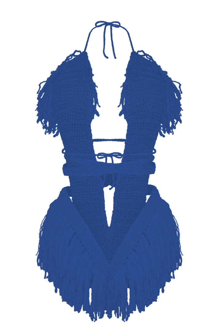 Product-only photo of the Royal Blue Hebe crochet one piece by TaniJay Crochet.