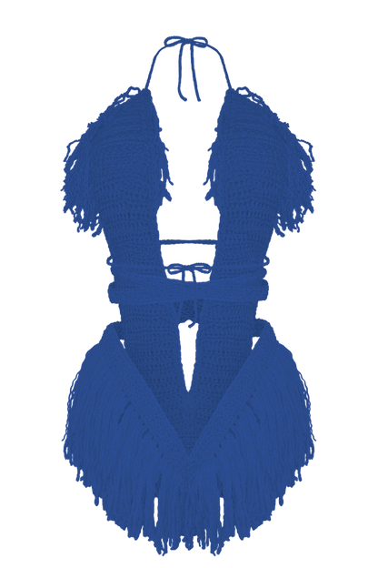 Product-only photo of the Royal Blue Hebe crochet one piece by TaniJay Crochet.