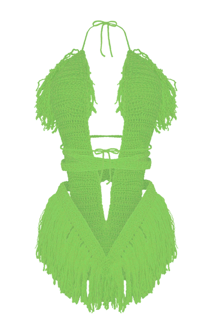 Model wearing the Spring Green Hebe crochet one piece, size S, by TaniJay Crochet.