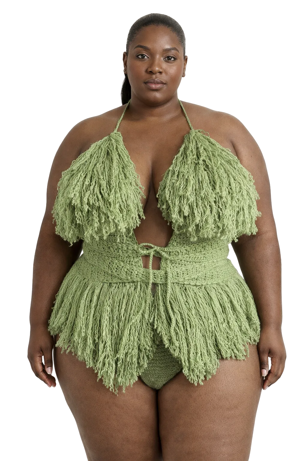 Model wearing the Tea Leaf Hebe crochet one piece, size 3XL, by TaniJay Crochet.