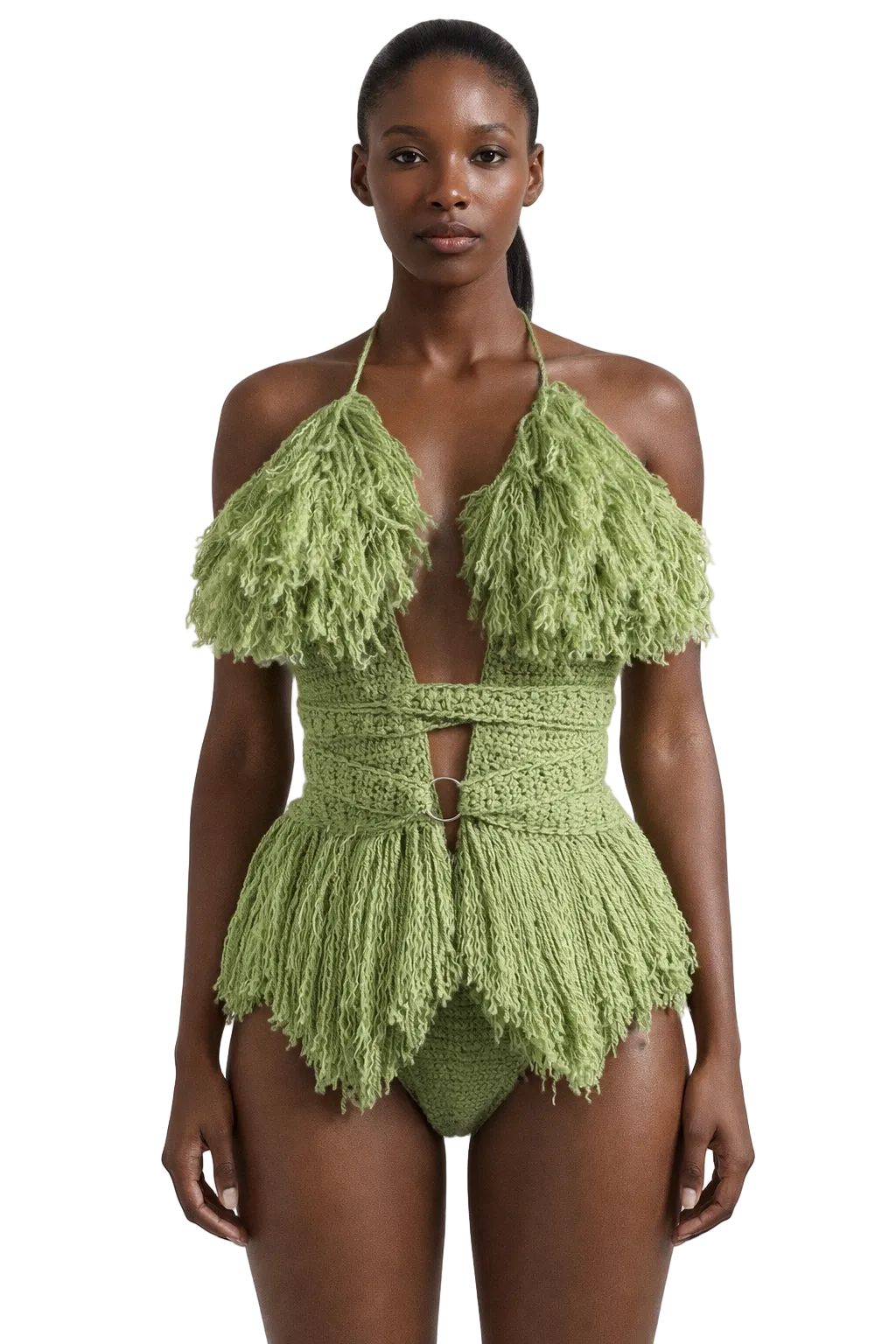 Model wearing the Tea Leaf Hebe crochet one piece, size S, by TaniJay Crochet.