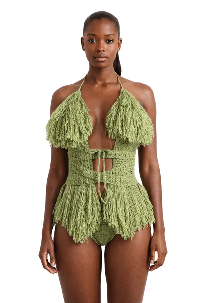 Model wearing the Tea Leaf Hebe crochet one piece, size S, by TaniJay Crochet.