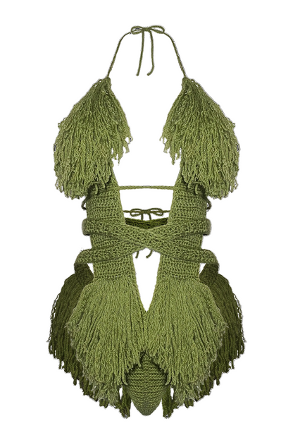 Product-only photo of the Tea Leaf Hebe crochet one piece by TaniJay Crochet.