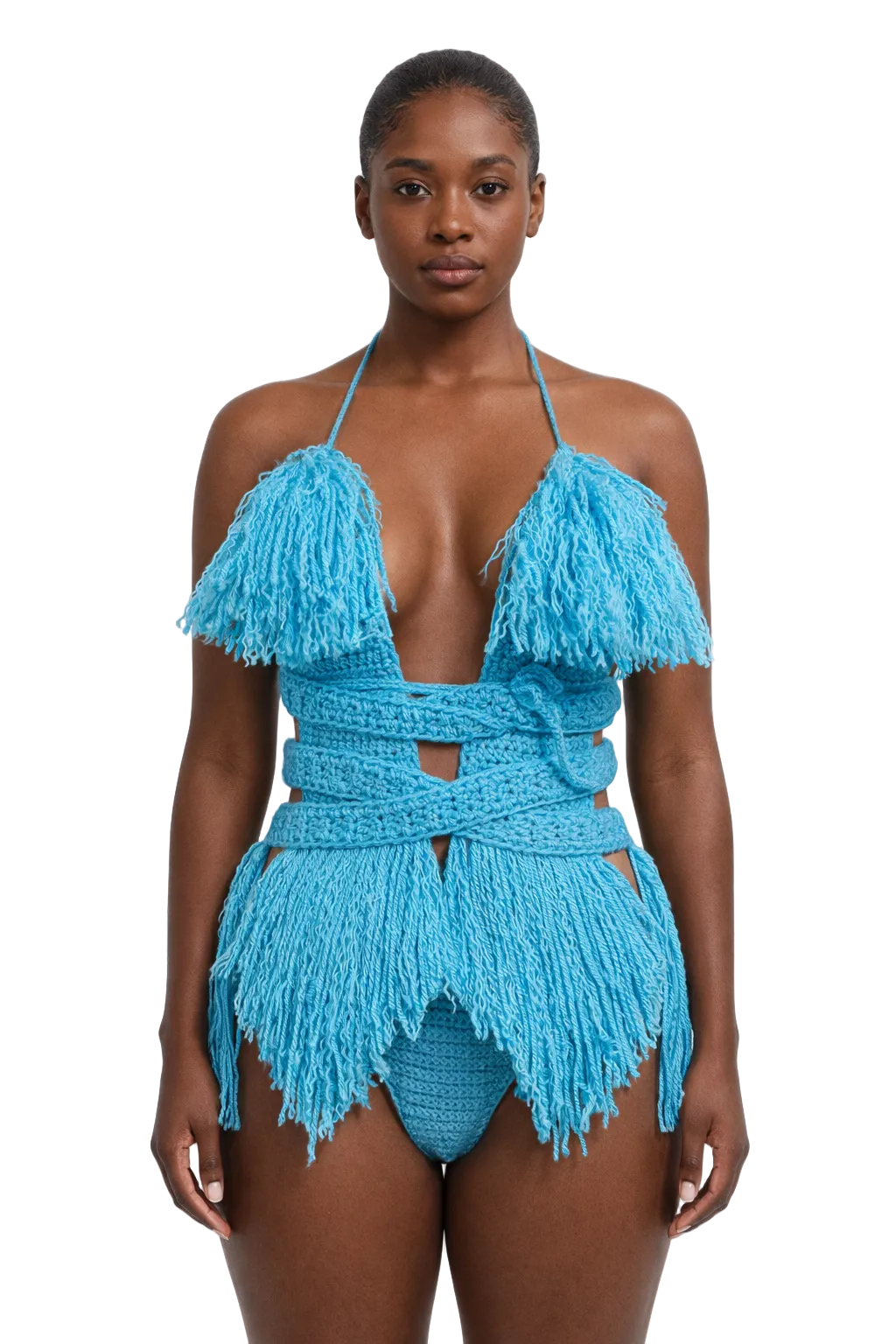 Model wearing the Turqua Hebe crochet one piece, size M, by TaniJay Crochet.