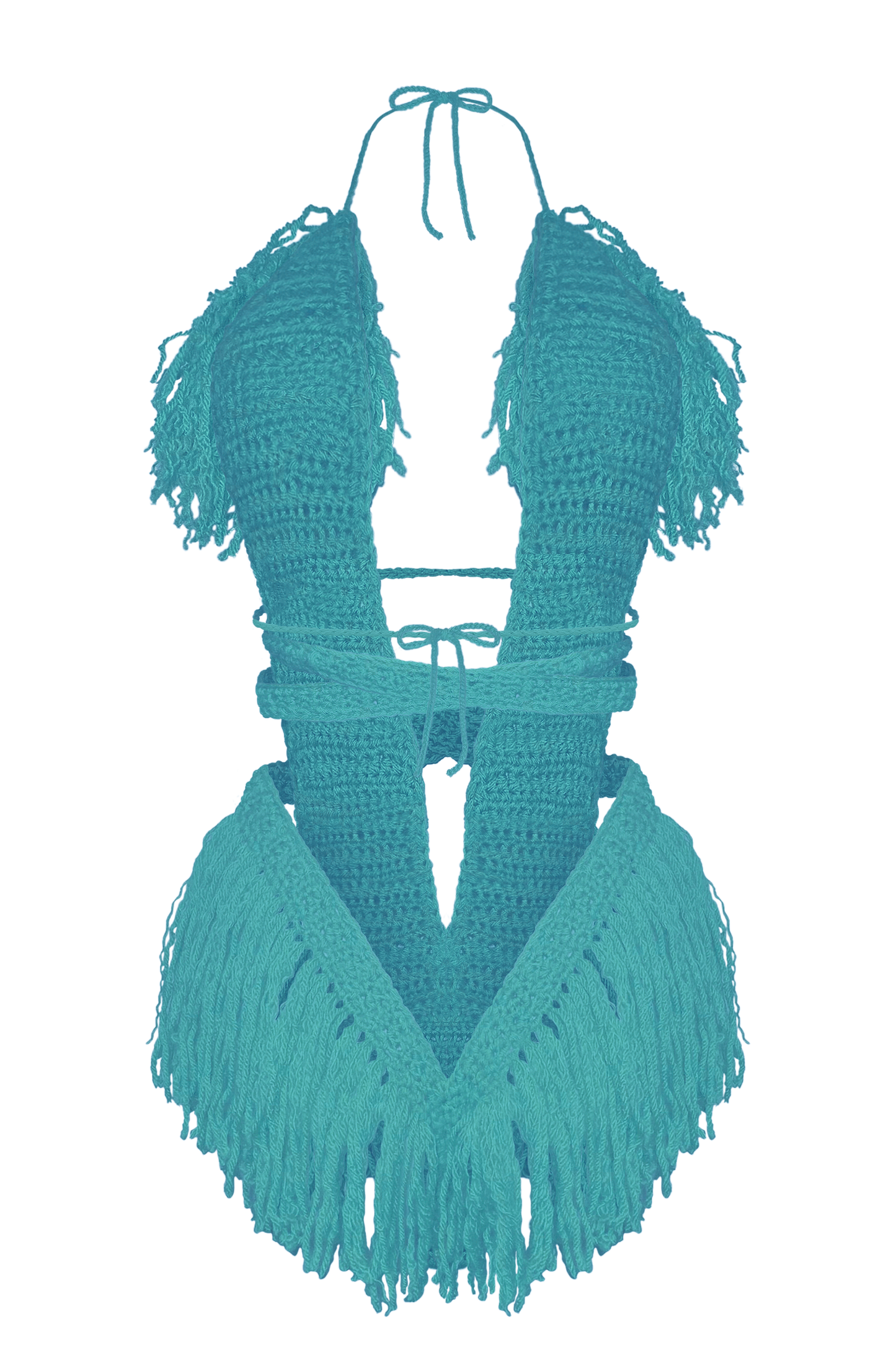 Model wearing the Turqua Hebe crochet one piece, size M, by TaniJay Crochet.