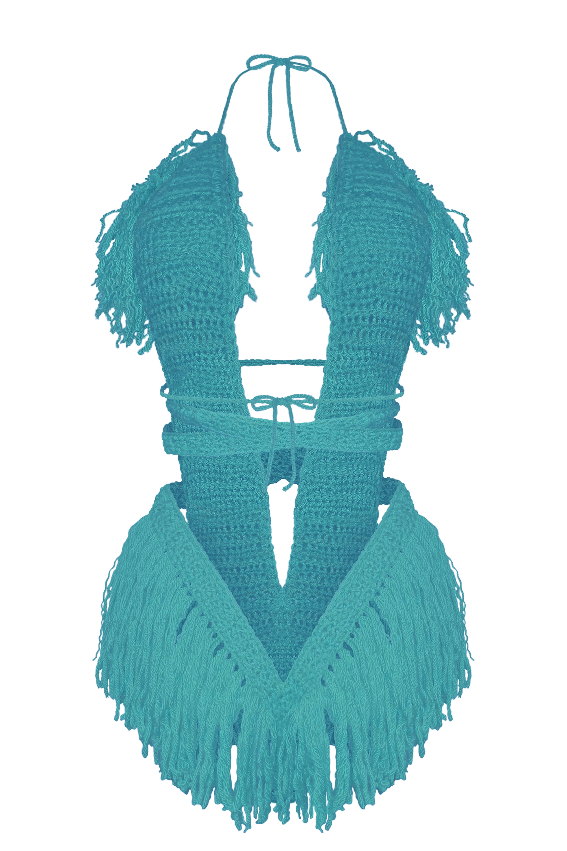 Model wearing the Turqua Hebe crochet one piece, size M, by TaniJay Crochet.