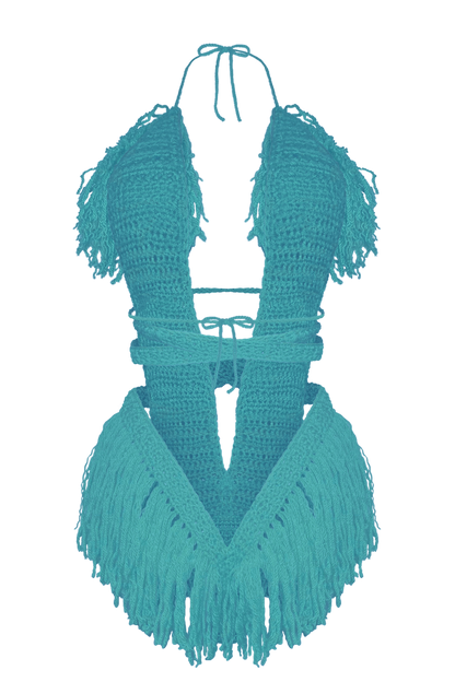 Model wearing the Turqua Hebe crochet one piece, size M, by TaniJay Crochet.