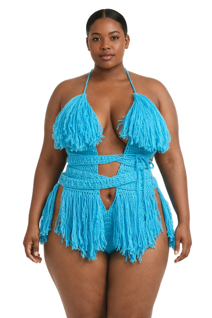 Product-only photo of the Turqua Hebe crochet one piece by TaniJay Crochet.