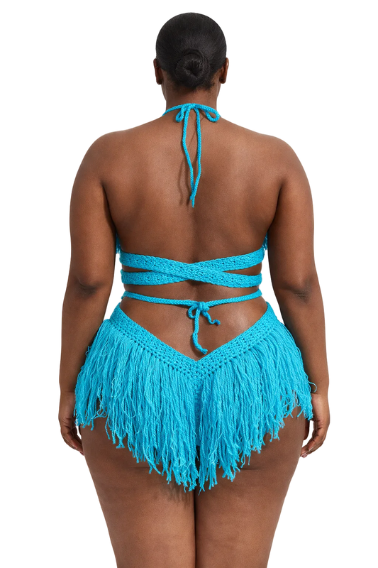 Product-only photo of the Turqua Hebe crochet one piece by TaniJay Crochet.