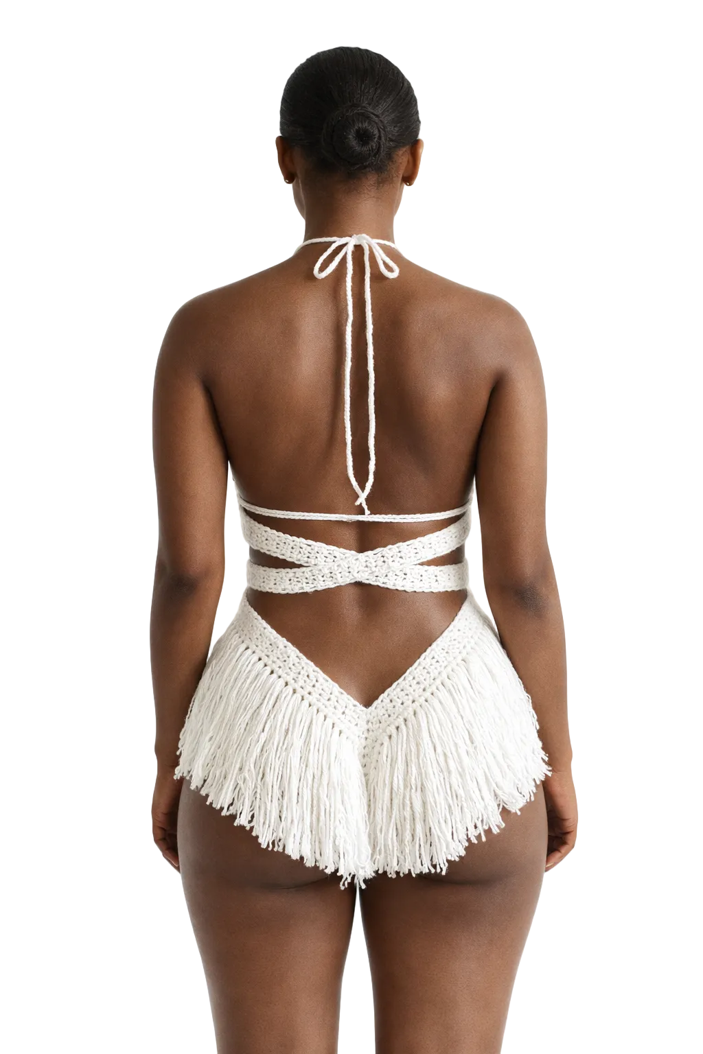 Model wearing the White Hebe crochet one piece, size S, by TaniJay Crochet.