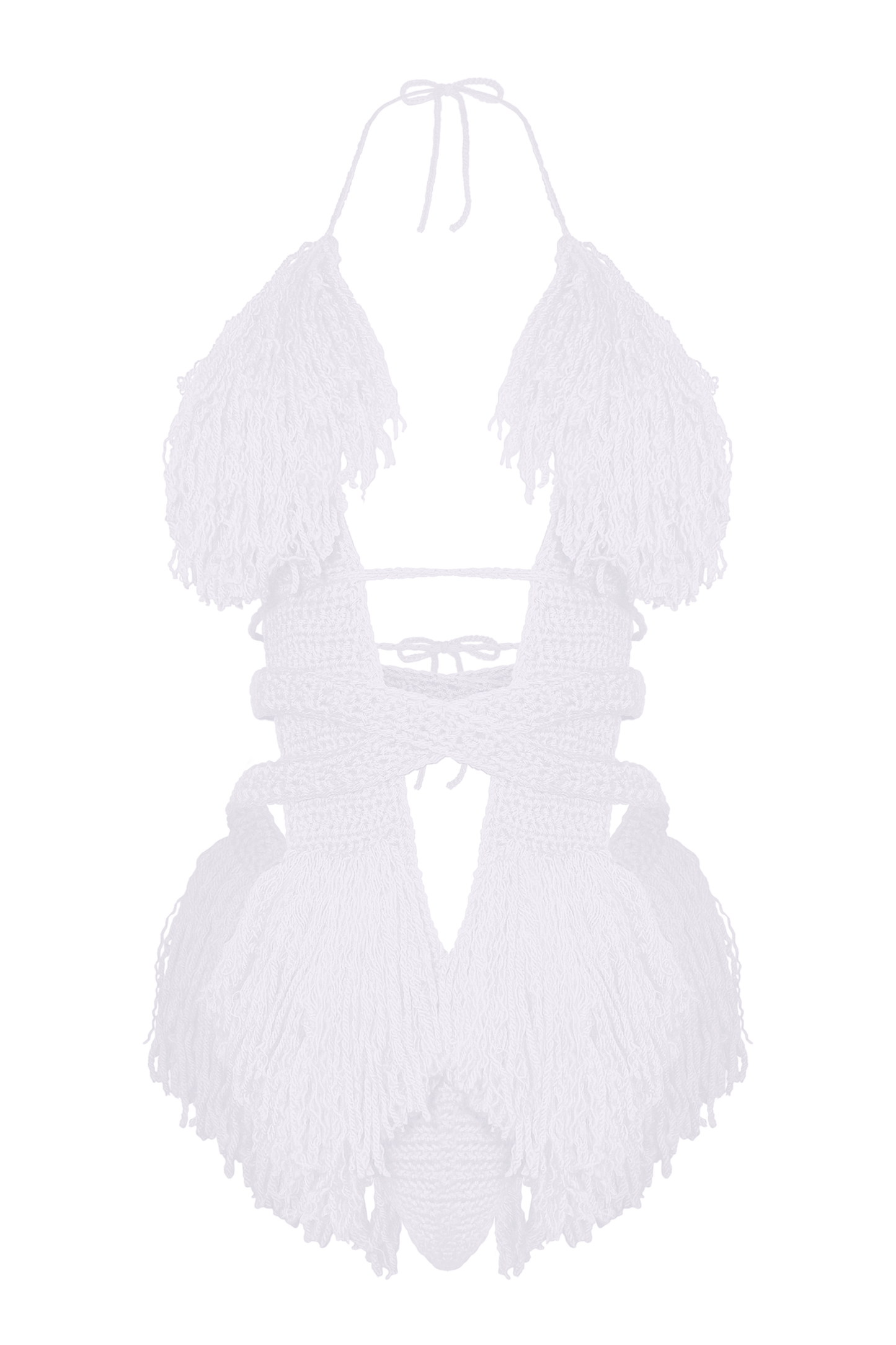 Model wearing the White Hebe crochet one piece, size S, by TaniJay Crochet.