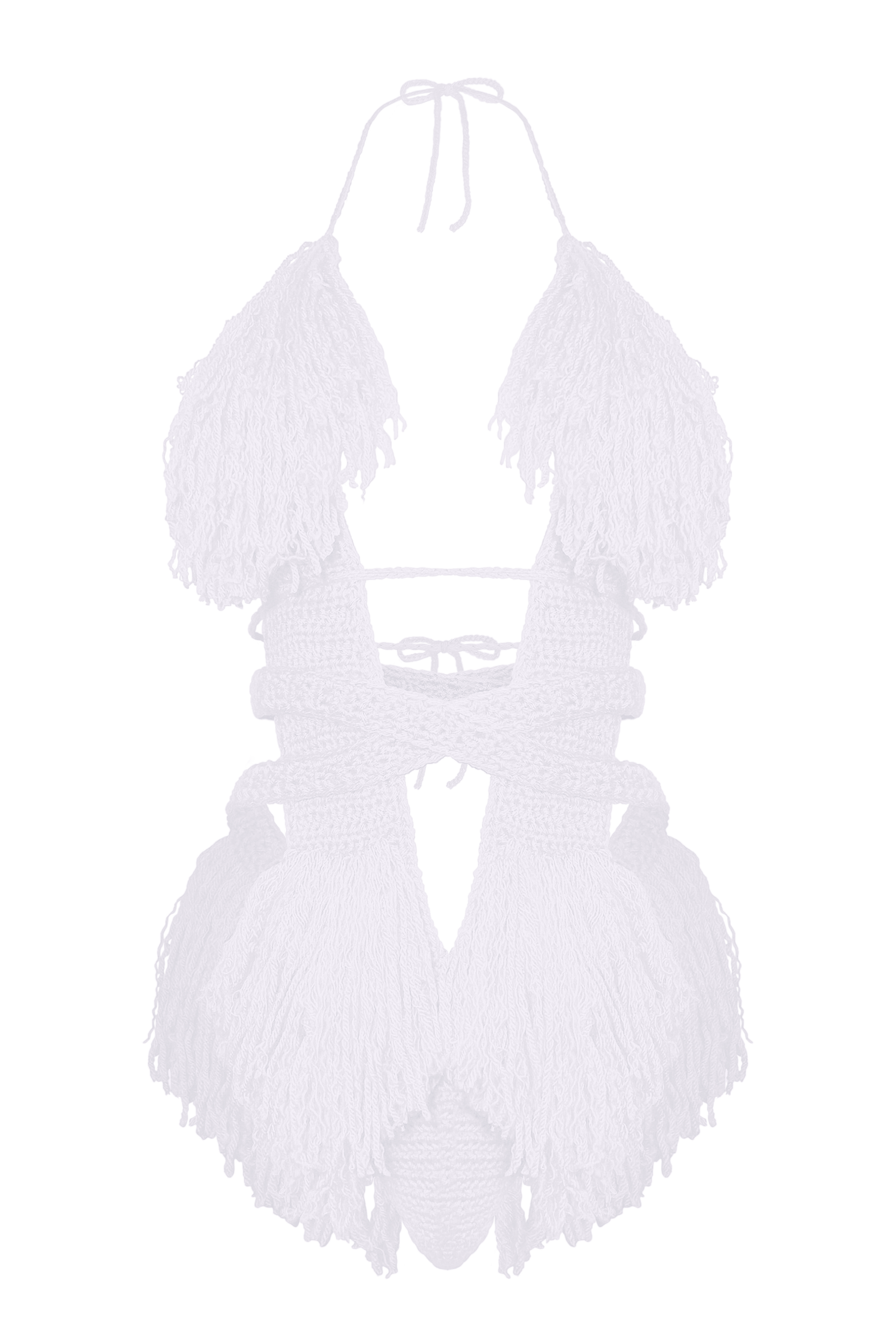 Model wearing the White Hebe crochet one piece, size S, by TaniJay Crochet.