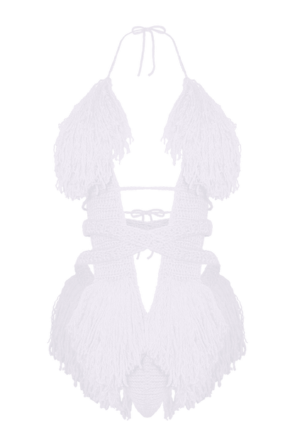 Model wearing the White Hebe crochet one piece, size S, by TaniJay Crochet.