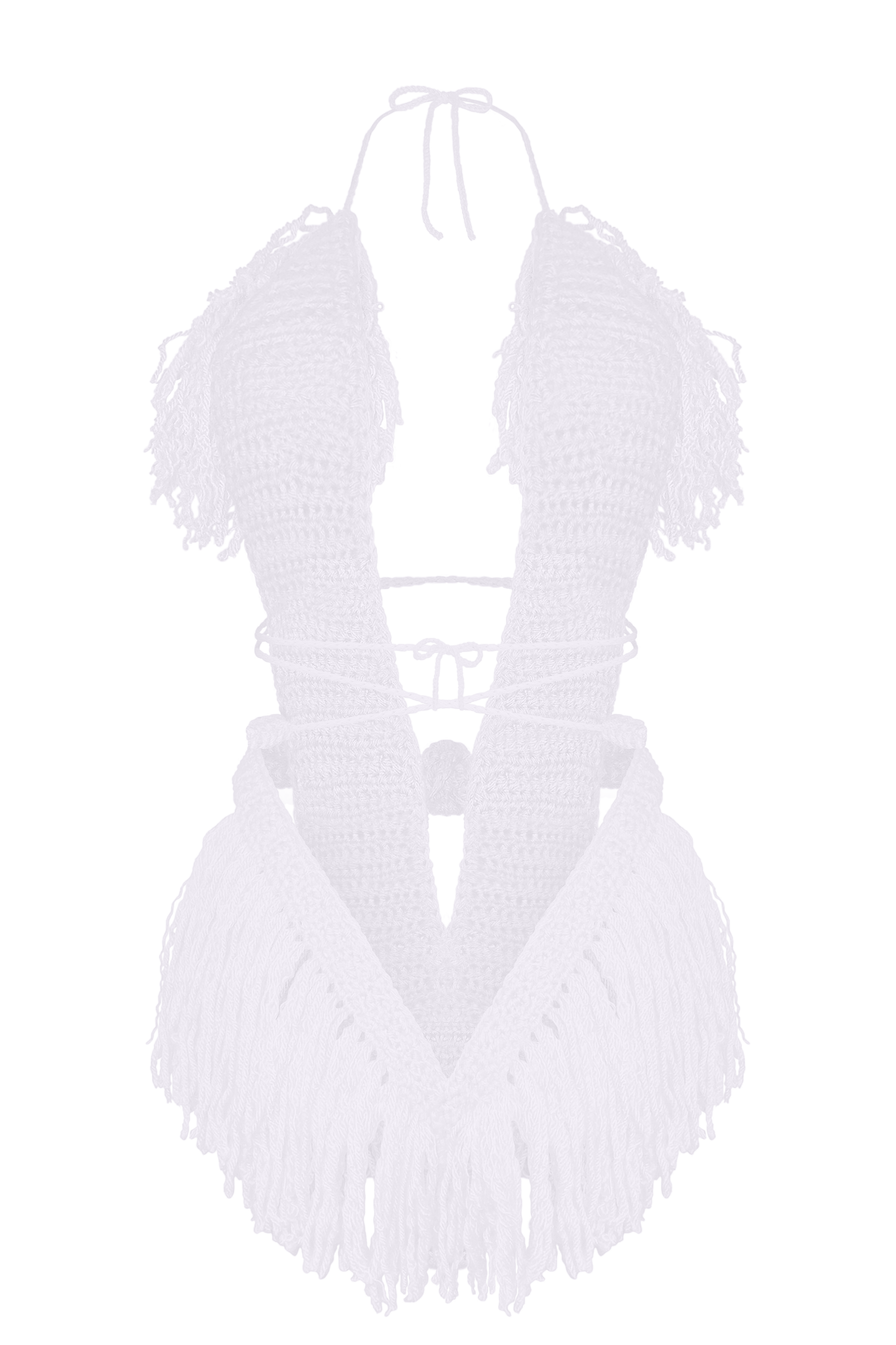 Model wearing the White Hebe crochet one piece, size S, by TaniJay Crochet.