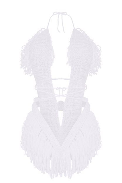 Model wearing the White Hebe crochet one piece, size S, by TaniJay Crochet.