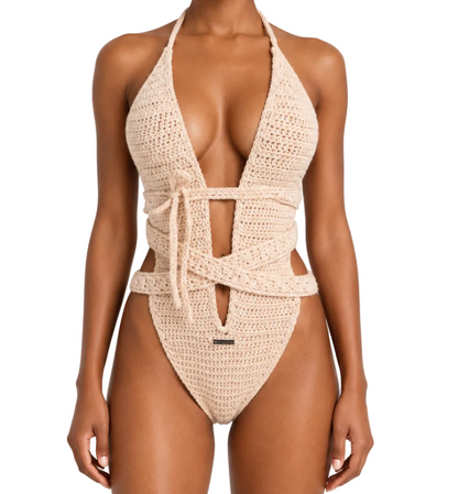 Buff Hemera crochet one-piece in size Small with plunging halter neckline and layered wrap waist, front studio view