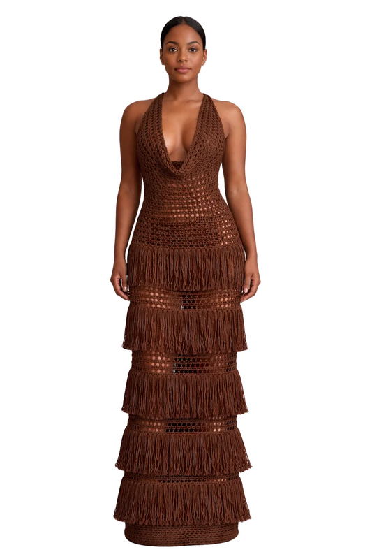 TANIJAY CROCHET The Margaux Fringe Crochet Dress - Coffee