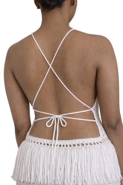 TANIJAY CROCHET The Margaux Fringe Crochet Dress - White