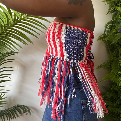 TANIJAY CROCHET Americana Print Crochet Fringe Tube Top